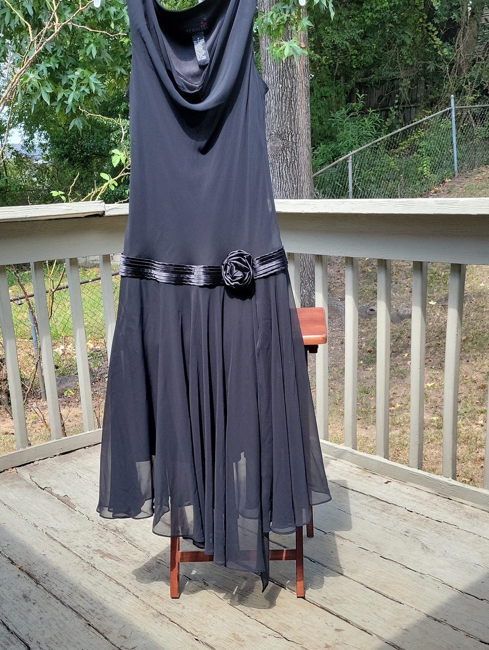Scarlett Black Cowl Neck Chiffon Dress with Rosette Waist